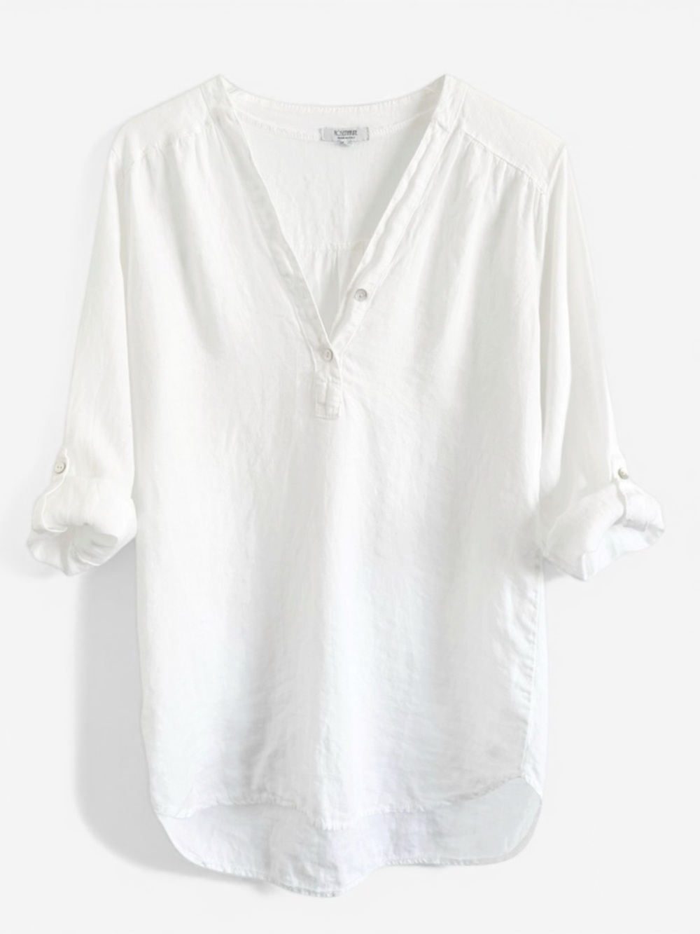 Rosemarine White Linen Blend Blouse Roll Tab Sleeve Minimal Chic Tunic Top SZ S - Picture 2 of 4